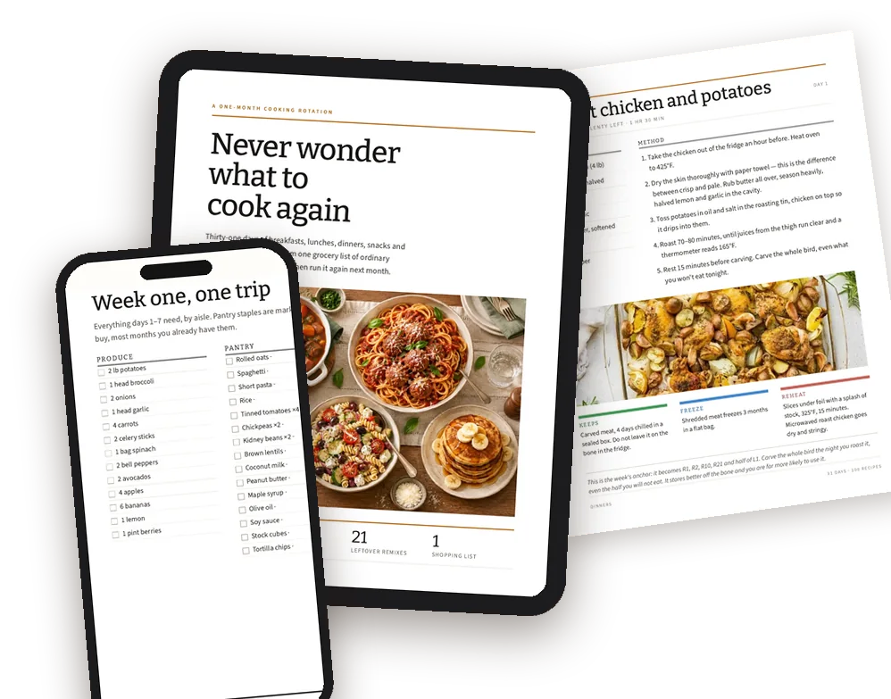 The guide shown on a tablet and phone, next to a printed recipe page