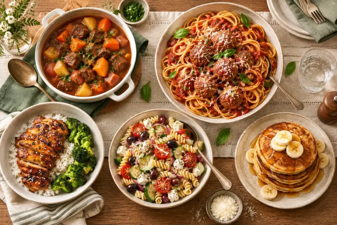 A table of home-cooked meals: beef stew, spaghetti and meatballs, chicken with broccoli, pasta salad and pancakes