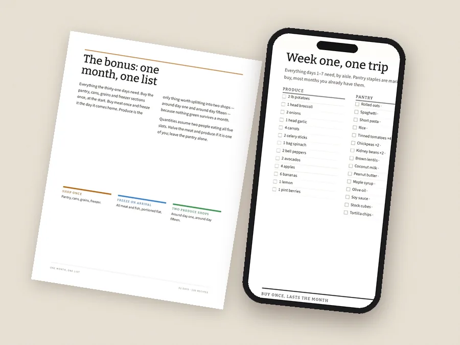 Shopping list on a phone beside a printed list
